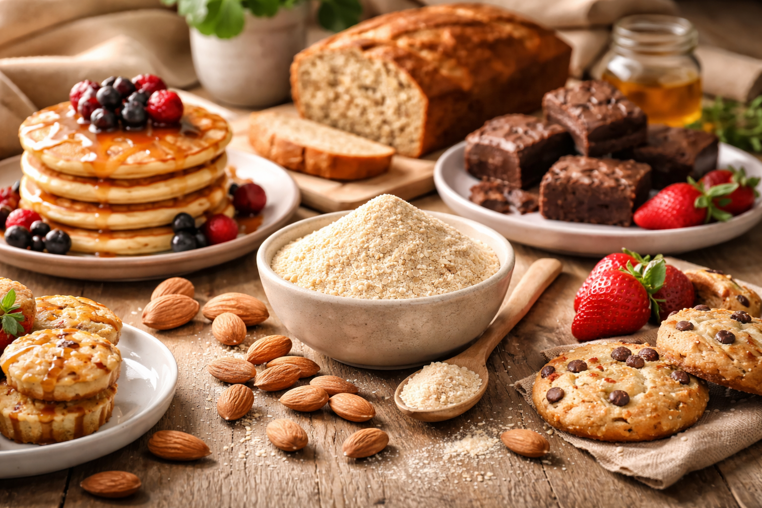 Kom met amandelmeel en amandelen in warme rustieke setting